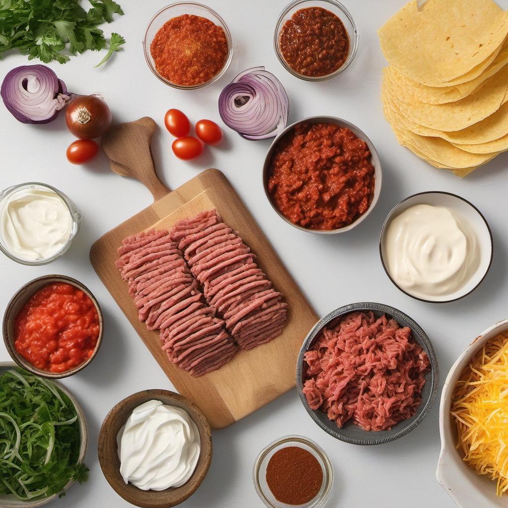 Items needed to answer the question, How do I make a taco dip thats a touchdown. Items include:  ground beef  diced tomatoes  shredded cheese  cream cheese  taco seasoning  sour cream  diced onions