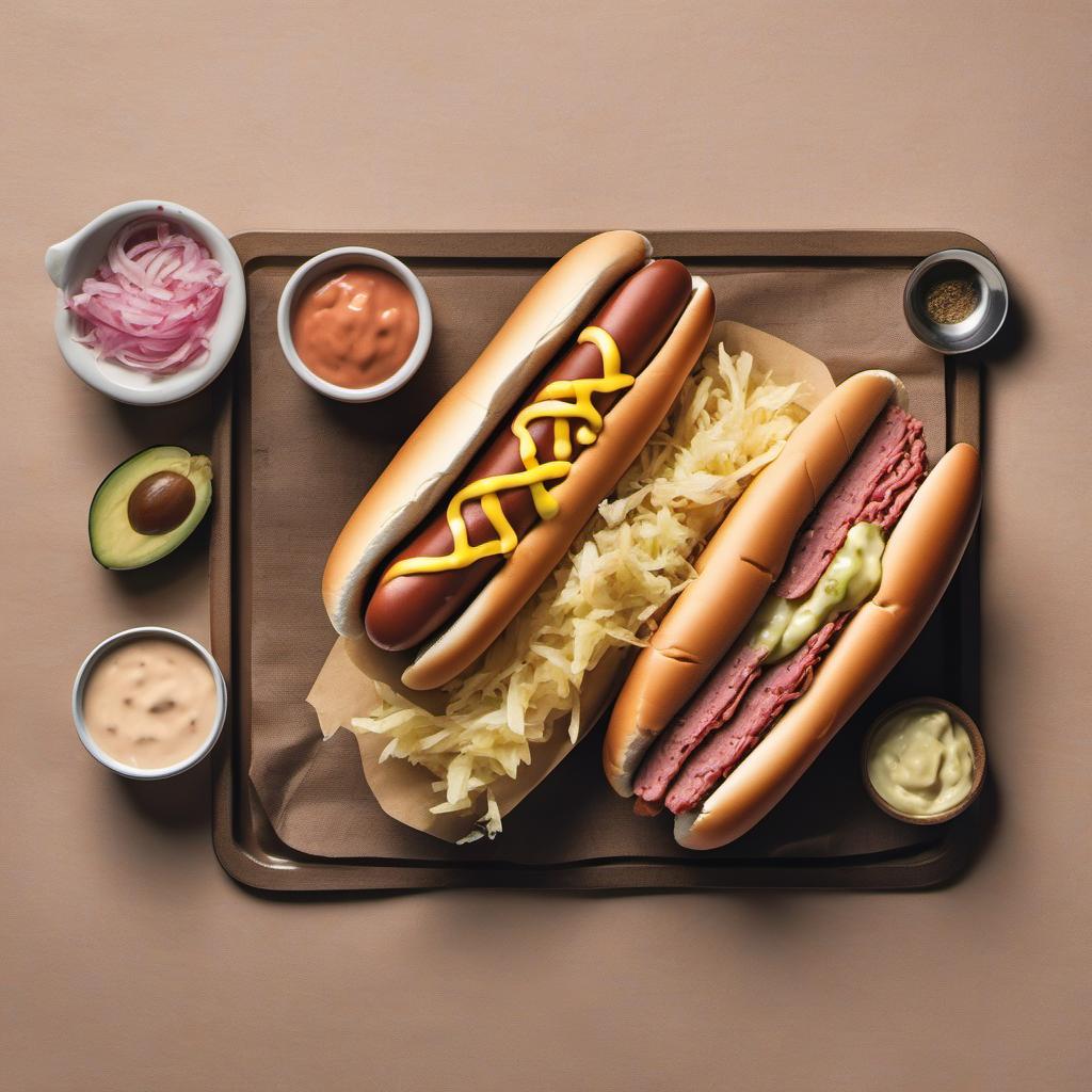 Items needed to answer the question, How do I make a delicious Reuben-inspired hot dog. Items include:  Hot dog  Corned beef slices  Sauerkraut  Thousand island dressing  Hot dog bun
