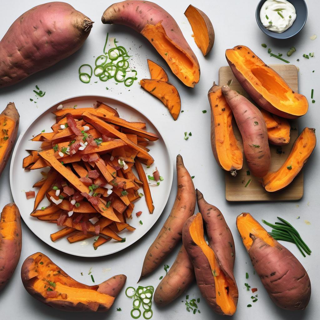 Items needed to answer the question, How do I bake loaded sweet potato fries. Items include:  Sweet potatoes  Olive oil  Salt  Pepper  Shredded cheese  Sour cream  Green onions  Bacon bits