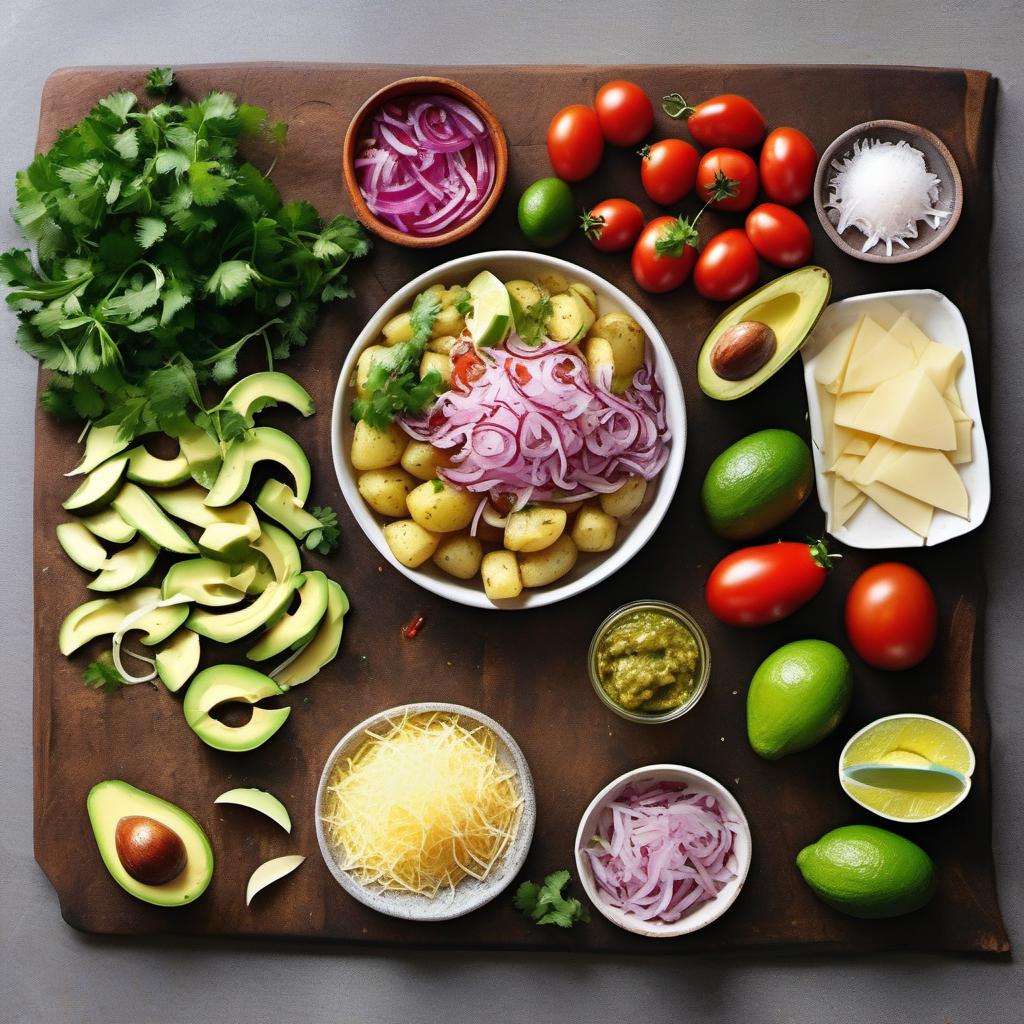 Items needed to answer the question, How do I cook loaded guacamole fries. Items include:  Potatoes  Olive oil  Salt  Pepper  Paprika  Avocados  Tomato  Red onion  Lime  Cilantro  Shredded cheese  Jalapeños  Crispy bacon bits  Sour cream  Hot sauce