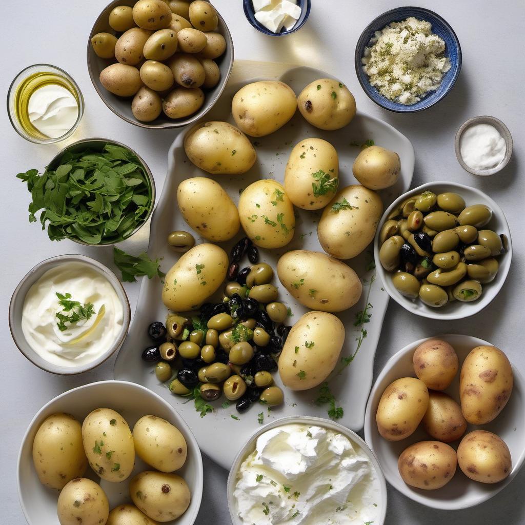 Items needed to answer the question, How do I bake loaded Greek fries. Items include:  Russet Potatoes  Olive Oil  Salt  Pepper  Dried Oregano  Feta Cheese  Black Olives  Green Olives  Greek Yogurt  Cucumber  Garlic  Lemon Juice  Dill