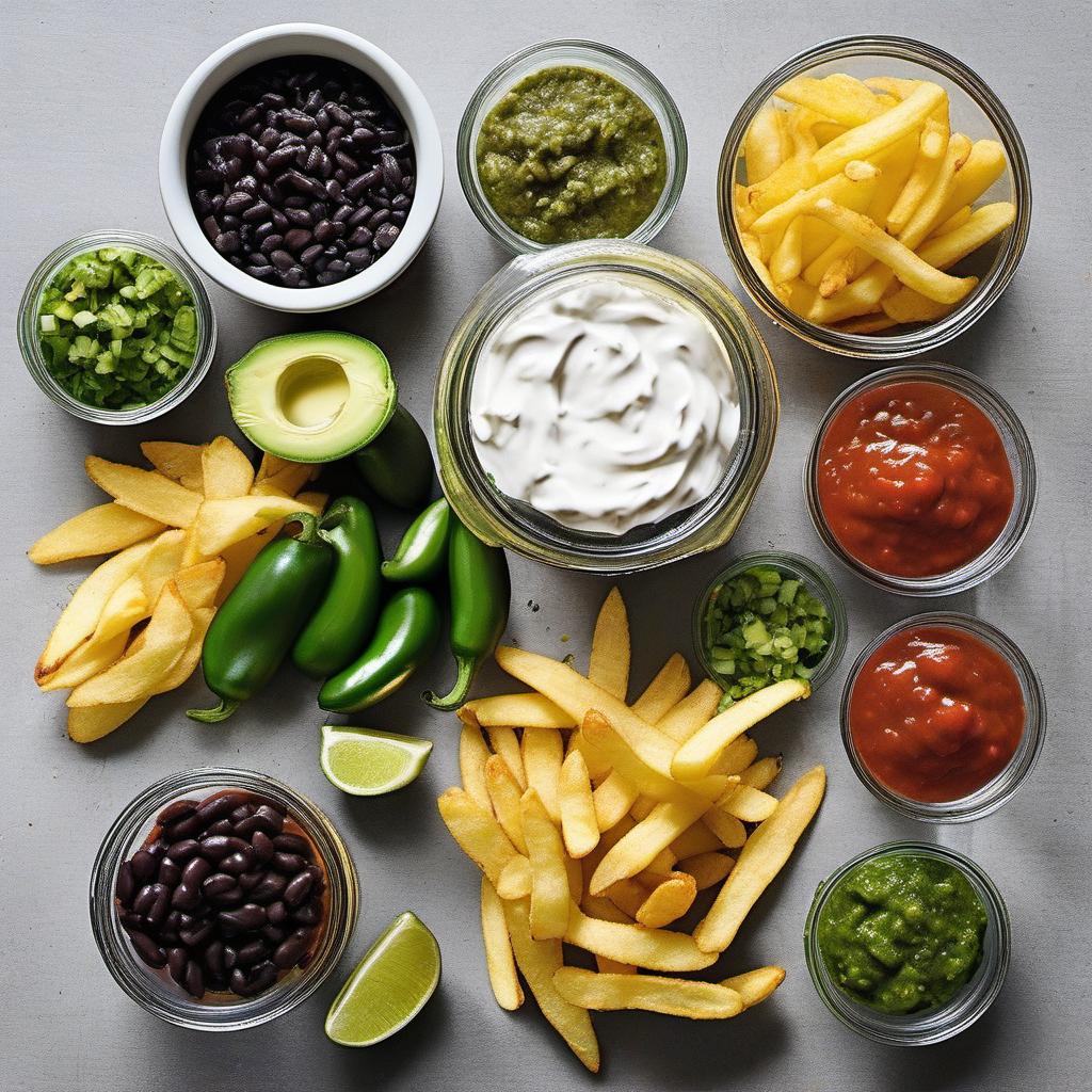 Items needed to answer the question, How do I make loaded Tex-Mex fries. Items include:  Frozen French fries  Salsa  Black beans  Jalapenos  Cilantro  Shredded cheese  Sour cream  Guacamole