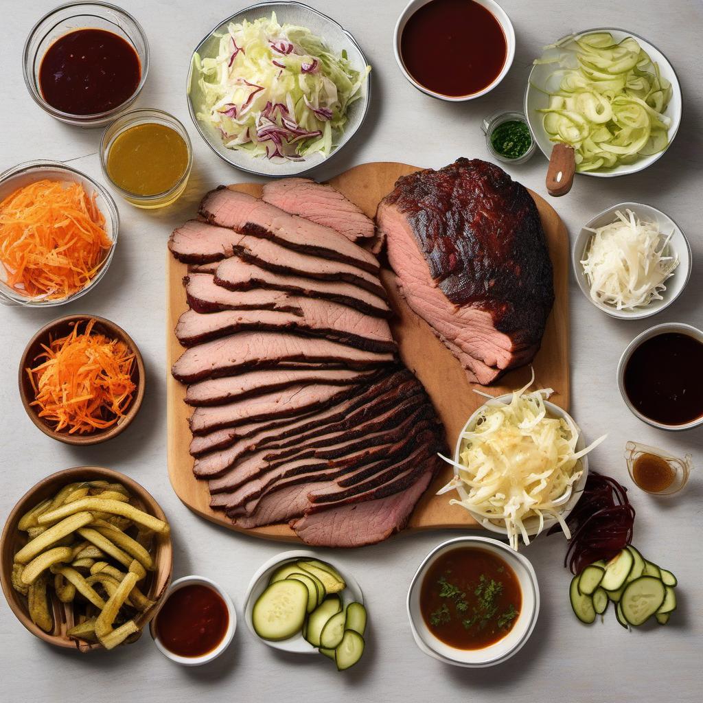 Items needed to answer the question, How do I create a show-stopping Brisket Bun. Items include:  2-pound brisket  Favorite barbecue sauce  Burger buns  Tangy coleslaw  Pickles