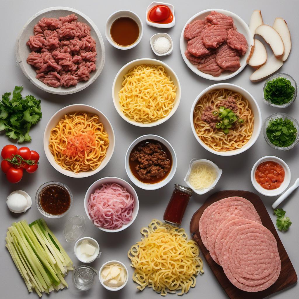 Items needed to answer the question, How do I make a Ramen Burger. Items include:  Ramen noodles  Ground beef  Burger toppings