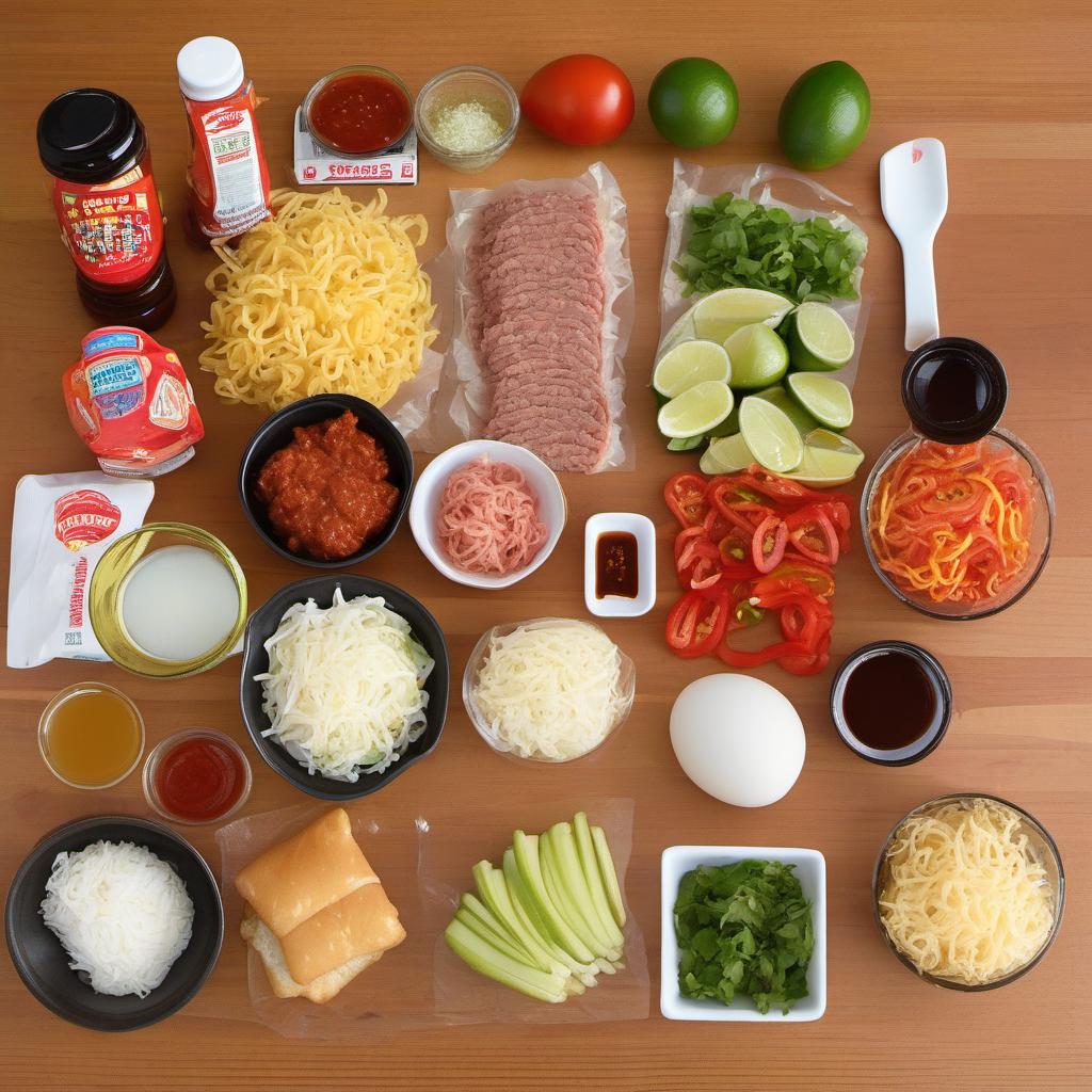 Items needed to answer the question, How do I add a spicy kick to my Ramen Burger. Items include:  Sriracha Sauce  Soy Sauce  Honey  Lime Juice  Ramen Noodles  Eggs  Ground Beef  Jalapeño Pepper  Garlic  Salt  Pepper  Burger Buns  Lettuce  Tomatoes  Cilantro