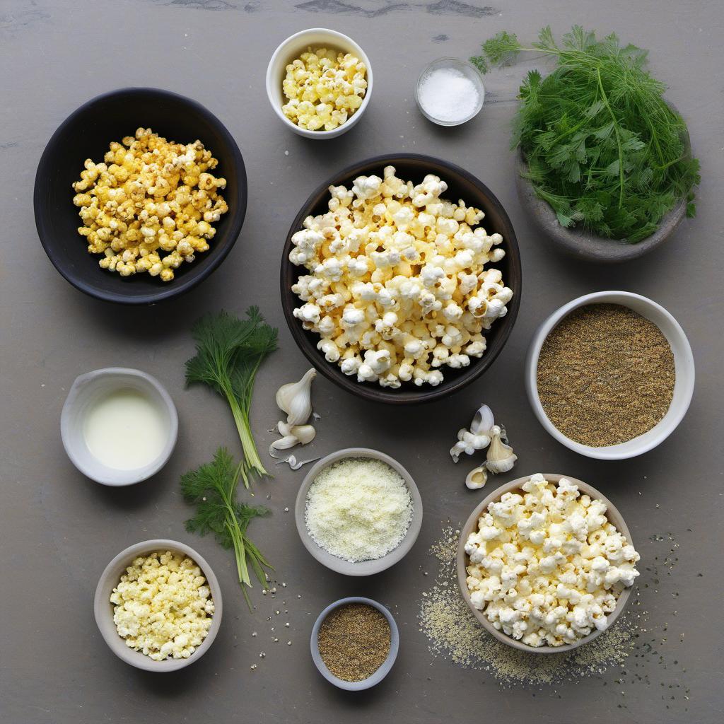 Items needed to answer the question, How do I make ranch-flavored popcorn. Items include:  Popcorn kernels  Oil  Dried parsley  Dried dill weed  Garlic powder  Onion powder  Dried chives  Salt  Black pepper  Butter (melted)
