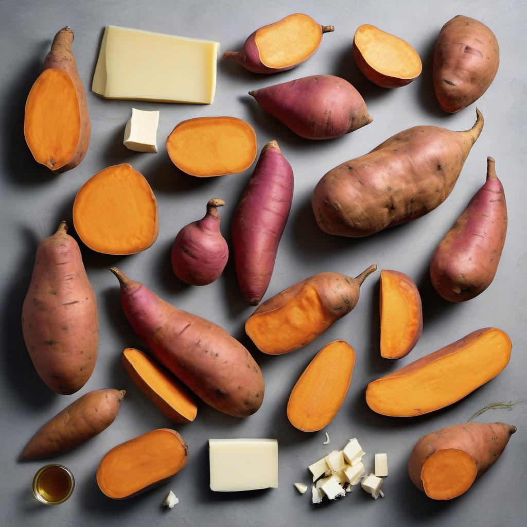 Items needed to answer the question, How do I make Poutine with a sweet twist. Items include:  Sweet Potatoes  Vegetable Oil  White Cheddar Cheese  Maple Syrup