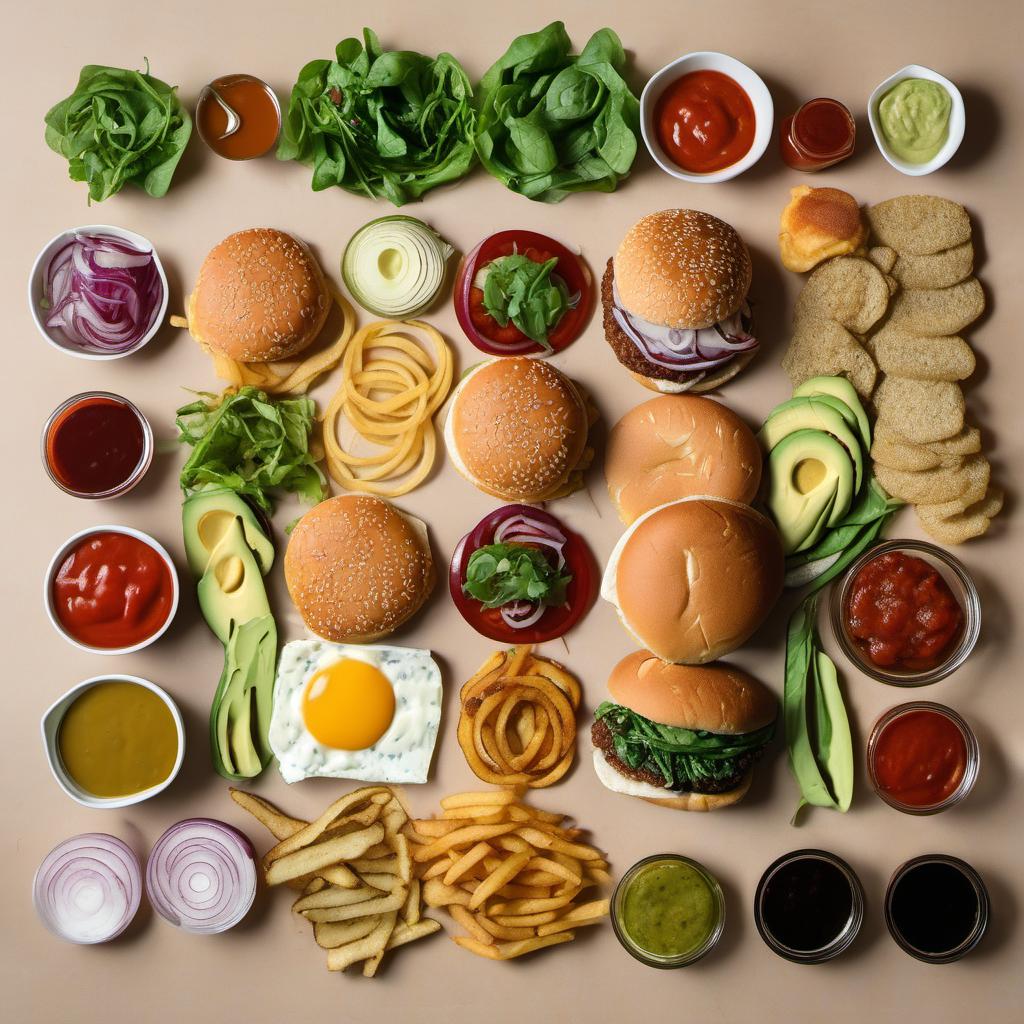 Items needed to answer the question, How do I add extra toppings to my Fancy Vegan Burger. Items include:  Fancy Vegan Burger  Vegan sauce  Leafy greens (lettuce, spinach, arugula)  Tomatoes, onions, pickles, avocado  Vegan cheese  Crispy onion rings  Condiments (mustard, ketchup, special sauce)