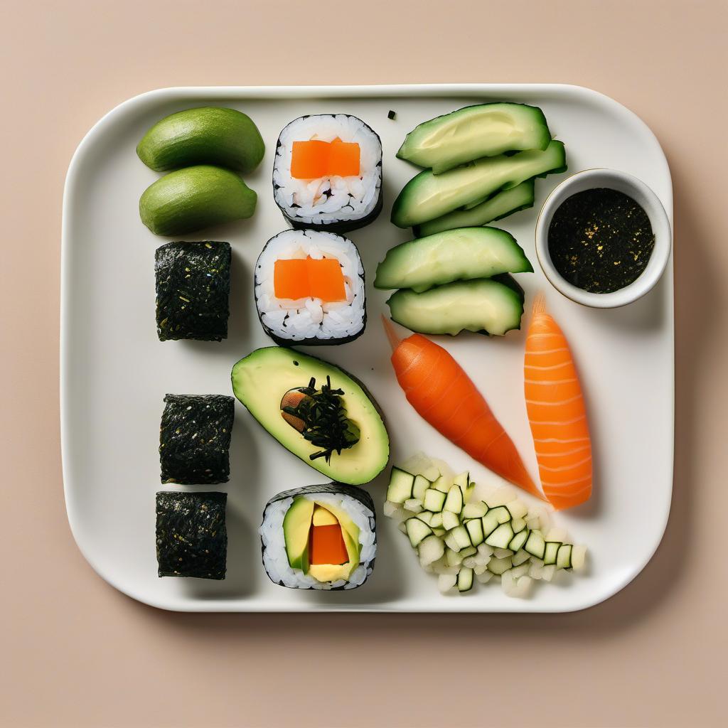 Items needed to answer the question, How do I whip up vegan sushi hand rolls. Items include:  Sushi Rice  Cucumber  Avocado  Carrot  Nori Sheets