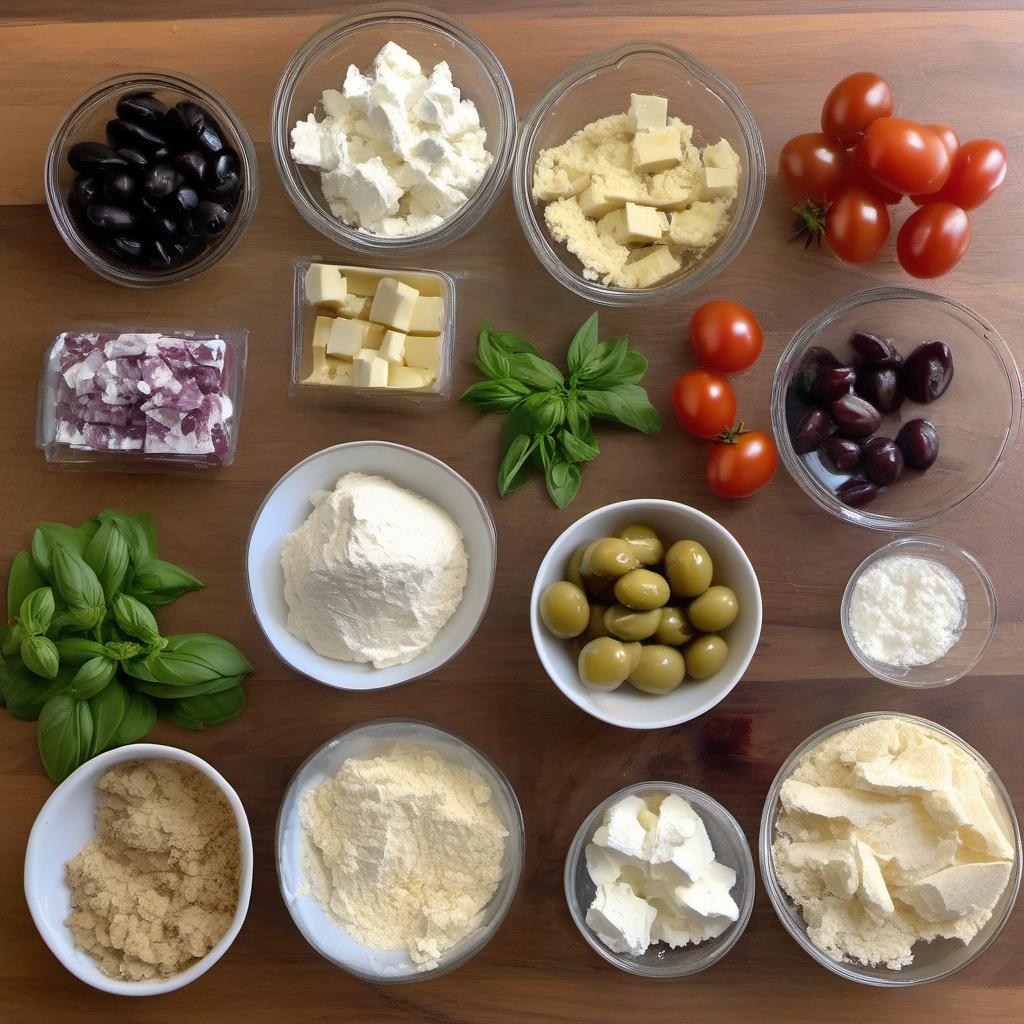 Items needed to answer the question, How do I prepare a Vegan Mediterranean Pizza. Items include:  Flour  Yeast  Sugar  Salt  Water  Olive oil  Cherry tomatoes  Kalamata olives  Artichoke hearts  Fresh basil  Vegan feta cheese  Marinara sauce