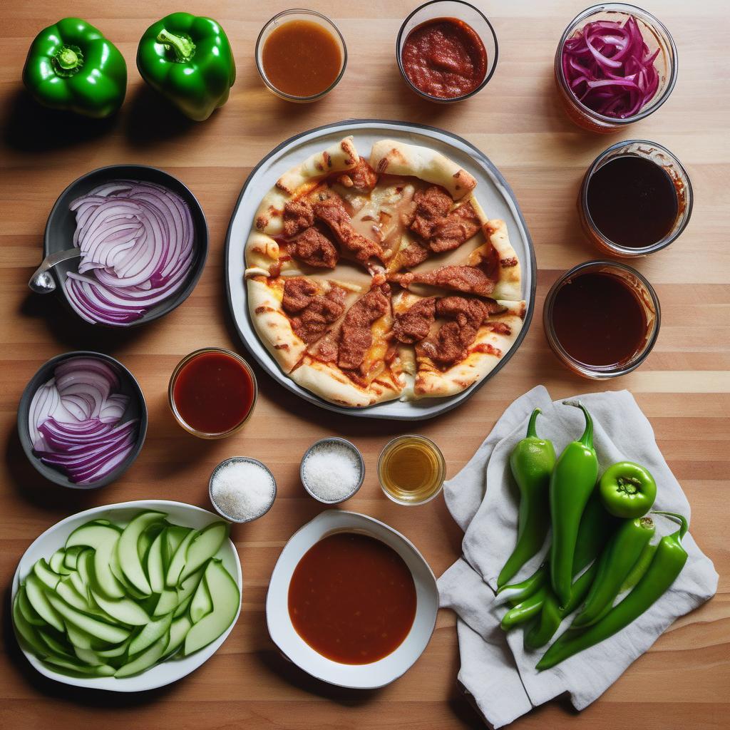 Items needed to answer the question, How do I make a hearty Vegan BBQ Chickn Pizza. Items include:  red onion  green bell pepper  vegan chick'n strips  BBQ sauce  maple syrup  apple cider vinegar  smoked paprika  salt  vegan cheese  pizza dough