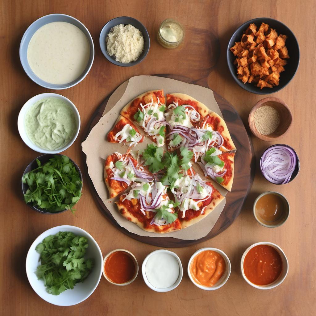 Items needed to answer the question, How do I whip up a delicious Vegan Buffalo Pizza. Items include:  pizza dough  vegan buffalo sauce  vegan mozzarella cheese  red onions  tempeh or tofu  cilantro (optional)  vegan ranch dressing (optional)  green onions (for garnish)