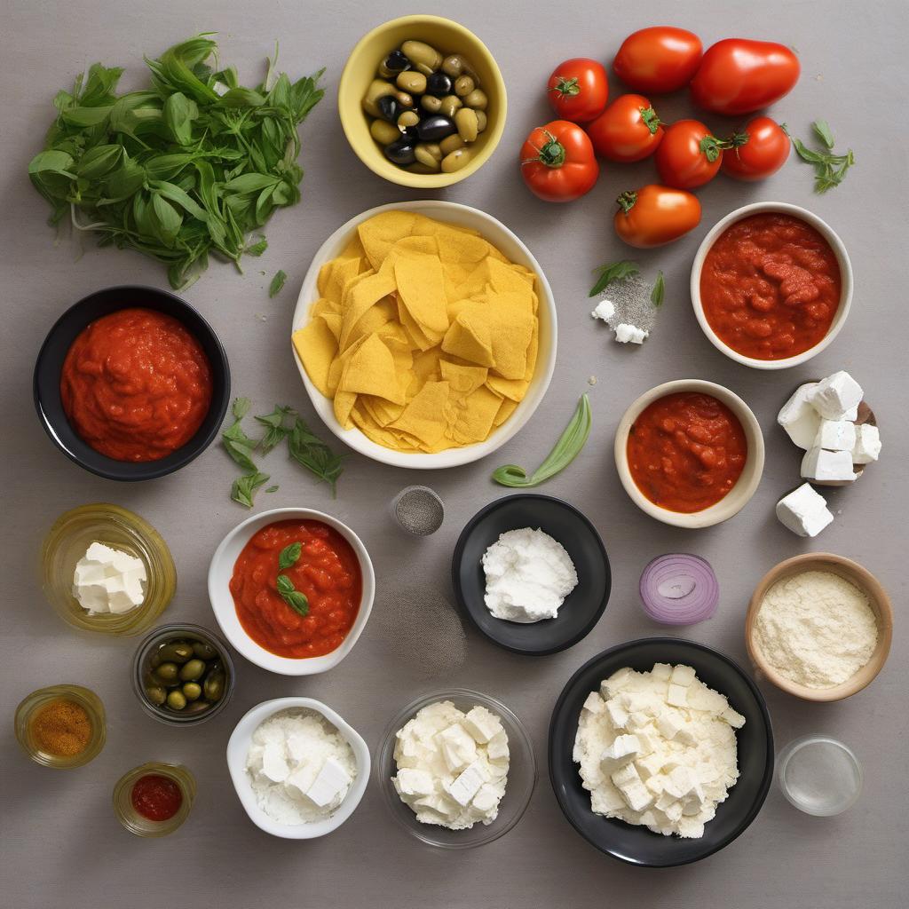Items needed to answer the question, How do I create a mouthwatering Vegan Greek Pizza. Items include:  all-purpose flour  instant yeast  sugar  salt  warm water  red onion  green bell pepper  yellow bell pepper  tomato  olives  vegan feta cheese  marinara sauce  fresh herbs (e.g., basil or oregano)