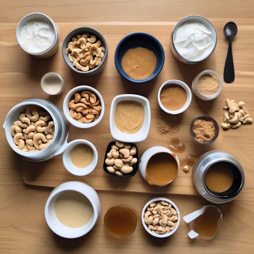 Items needed to answer the question, How do I make indulgent peanut butter vegan ice cream. Items include:  Cashews  Coconut Milk  Peanut Butter  Maple Syrup  Coconut Sugar  Vanilla Extract  Salt  Peanut Butter Swirl  Coconut Oil