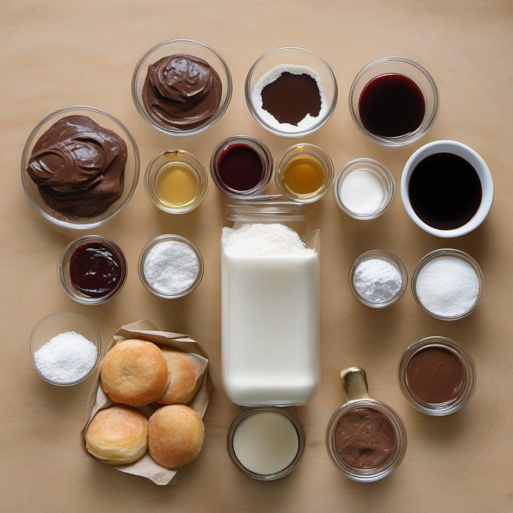 Items needed to answer the question, How do I make Vegan Donuts with a gooey center. Items include:  All-purpose flour  Granulated sugar  Baking powder  Salt  Almond milk  Coconut oil  Vanilla extract  Vegan chocolate spread or jam  Vegetable oil  Powdered sugar