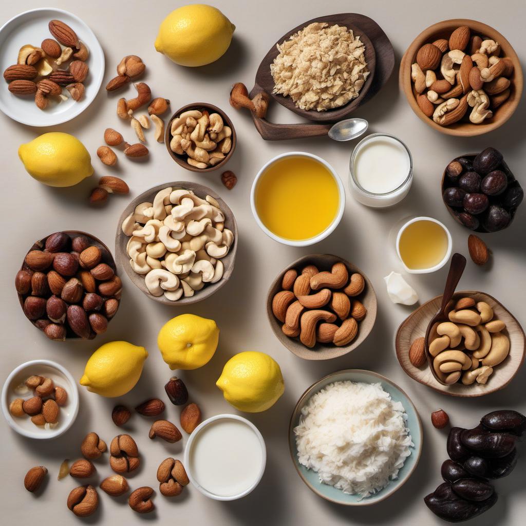 Items needed to answer the question, How do I create a fruity vegan cheesecake. Items include:  Nuts  Dates  Cashews  Coconut cream  Maple syrup  Lemon juice  Vanilla extract  Fresh fruits