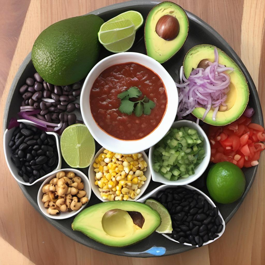 Items needed to answer the question, How do I make Vegan Taco toppings that pop. Items include:  Avocado  Lime juice  Salt  Hot sauce  Black beans  Corn kernels  Tomatoes  Red onion  Jalapeño  Cilantro  Cashews  Lemon juice  Apple cider vinegar  Nutritional yeast  Water  Purple cabbage  Carrot  Green onions  Vegan mayo  Maple syrup
