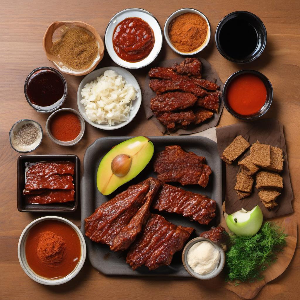 Items needed to answer the question, How do I make finger-licking BBQ-style vegan ribs. Items include:  seitan or tempeh  soy sauce  tomato paste  maple syrup  liquid smoke  apple cider vinegar  smoked paprika  garlic powder  black pepper