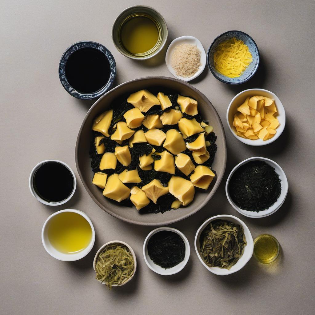 Items needed to answer the question, How do I prepare vegan lobster meat. Items include:  Raw jackfruit chunks  Vegetable broth  Nori seaweed flakes  Old Bay seasoning  Olive oil