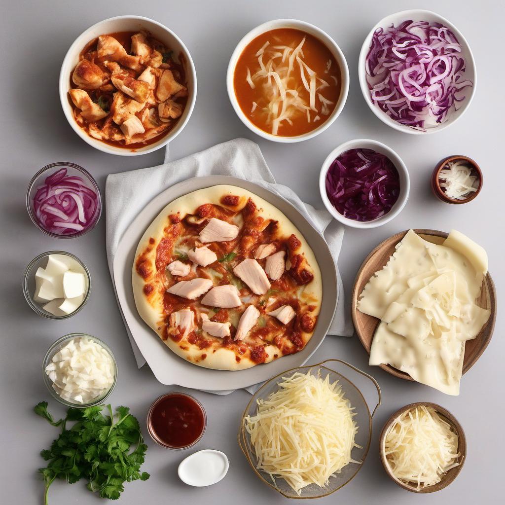 Items needed to answer the question, How do I make a BBQ Chicken Pizza. Items include:  Chicken breast  Pizza dough  Barbecue sauce  Mozzarella cheese  Red onion  Cilantro leaves