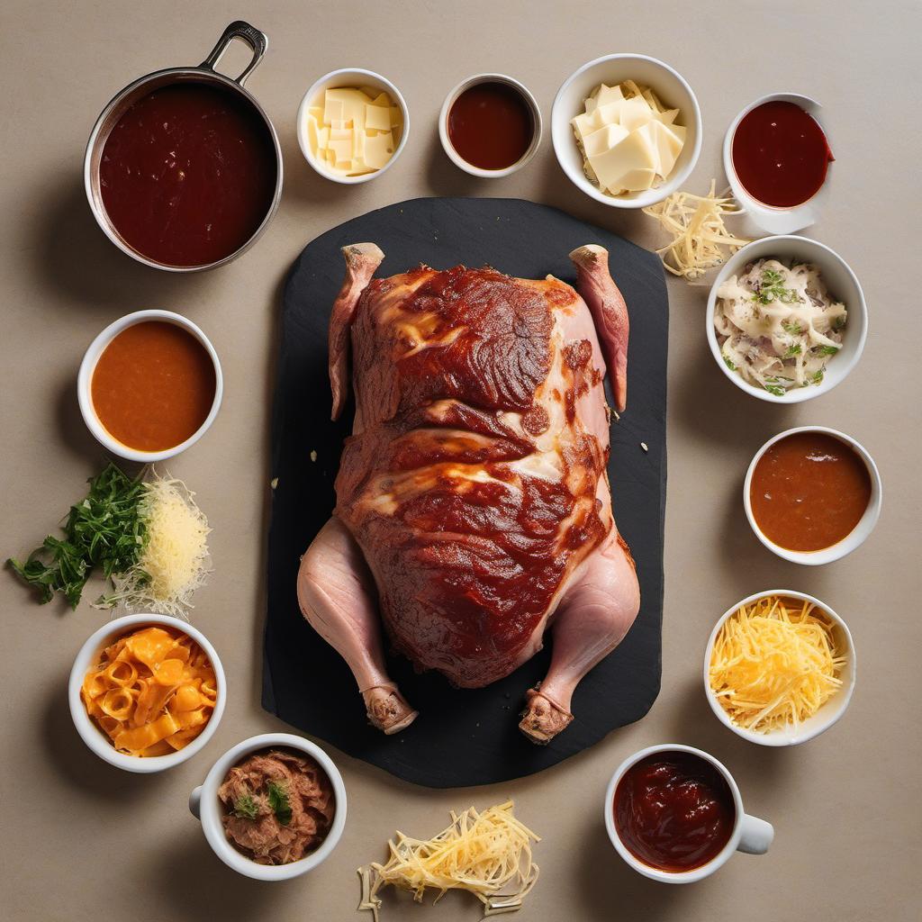 Items needed to answer the question, How do I bake a BBQ Pulled Pork Pizza. Items include:  Pork shoulder roast  BBQ sauce  Pizza dough  Grated cheese