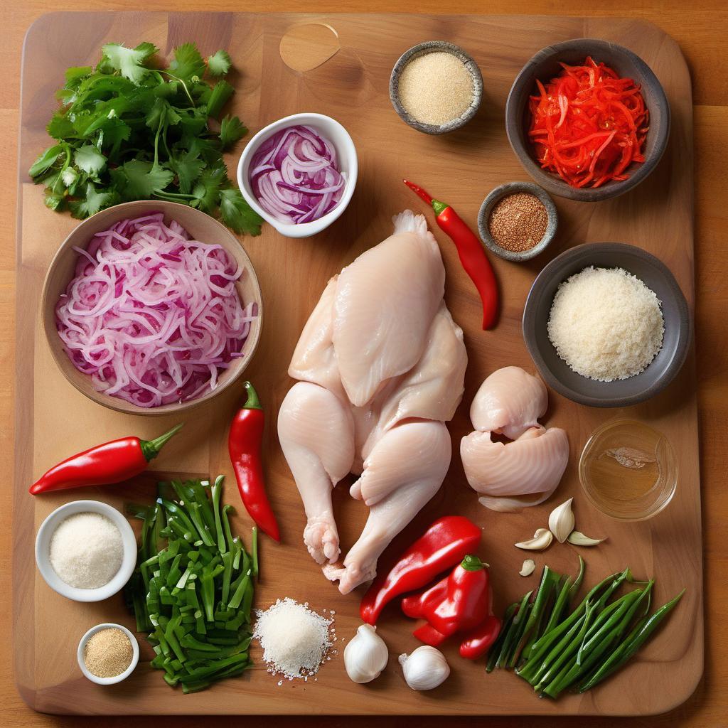 Items needed to answer the question, How do I make a Spicy Thai Chicken Pizza. Items include:  Chicken Breast  Red Bell Pepper  Red Onion  Garlic Cloves  Thai Chili Peppers  All-Purpose Flour  Warm Water  Active Dry Yeast  Granulated Sugar  Salt  Soy Sauce  Lime Juice  Honey  Peanut Butter  Sriracha Sauce  Grated Mozzarella Cheese  Fresh Cilantro  Lime Wedges