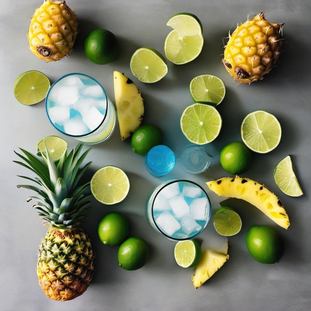 Items needed to answer the question, How do I craft a Flashy Blue Hawaiian. Items include:  rum  blue curaçao  pineapple juice  coconut cream  lime  ice cubes  pineapple wedge