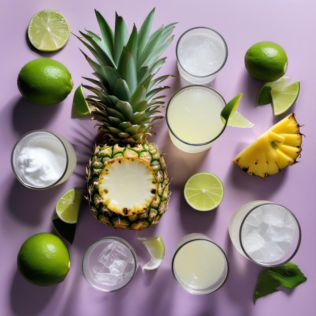 Items needed to answer the question, How do I make a Glowing Pina Colada. Items include:  White Rum  Pineapple Juice  Coconut Cream  Lime Juice  Tonic Water