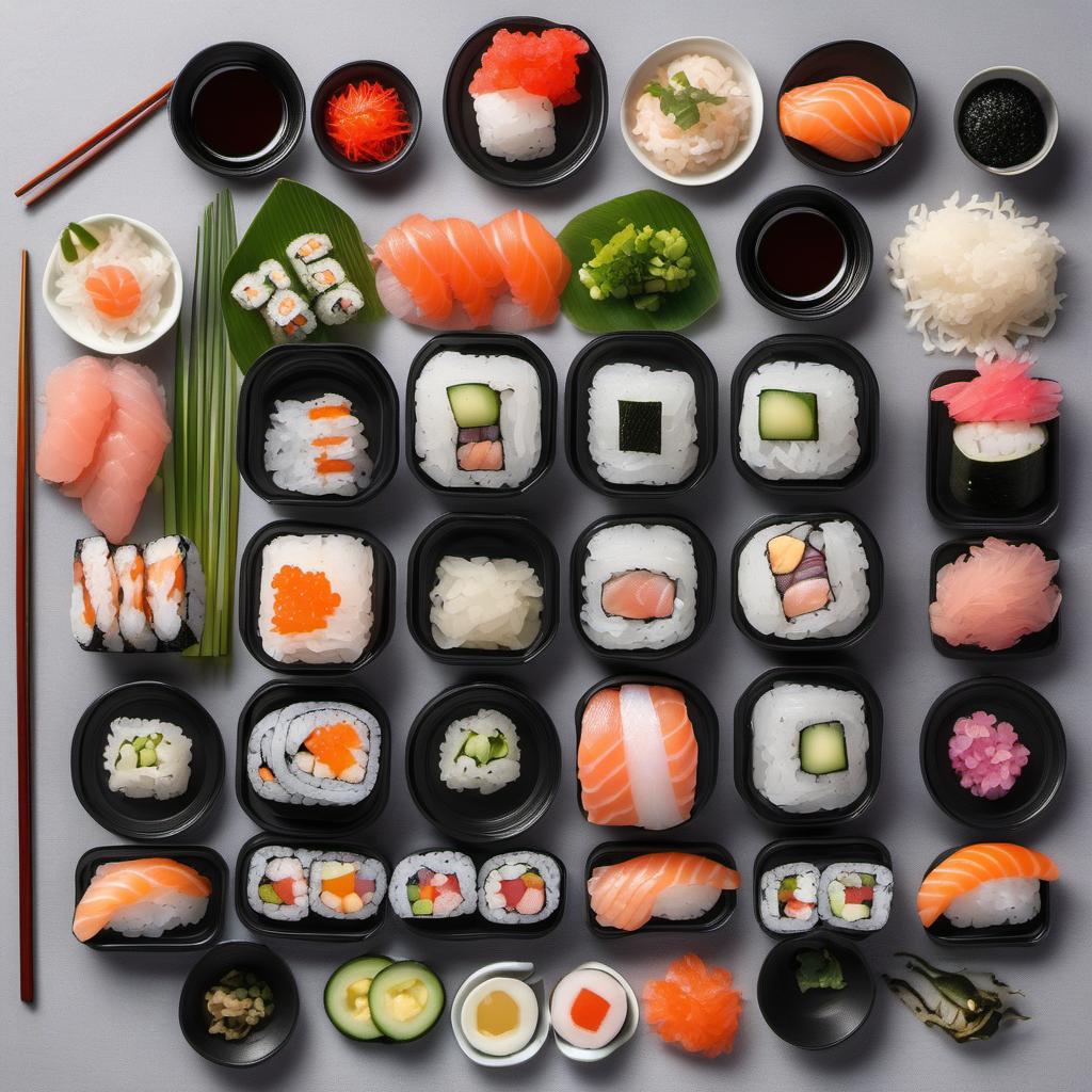 Items needed to answer the question, How do I create a Sushi Cake centerpiece. Items include:  Sushi Rice  Sushi Fillings  Round Container or Cake Mold  Plastic Wrap  Decorative Garnishes