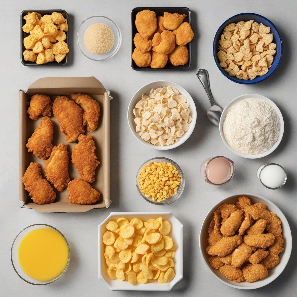 Items needed to answer the question, How do I make Capn Crunch chicken tenders. Items include:  Boneless chicken breasts  Cap'n Crunch cereal  All-purpose flour  Salt  Pepper  Eggs  Cap'n Crunch cereal  Chicken tenders  Flour  Eggs