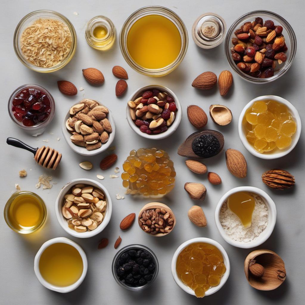 Items needed to answer the question, How do I customize my own Grain-Free Granola mix. Items include:  Nuts  Seeds  Dried Fruits  Coconut Oil  Honey or Maple Syrup  Salt