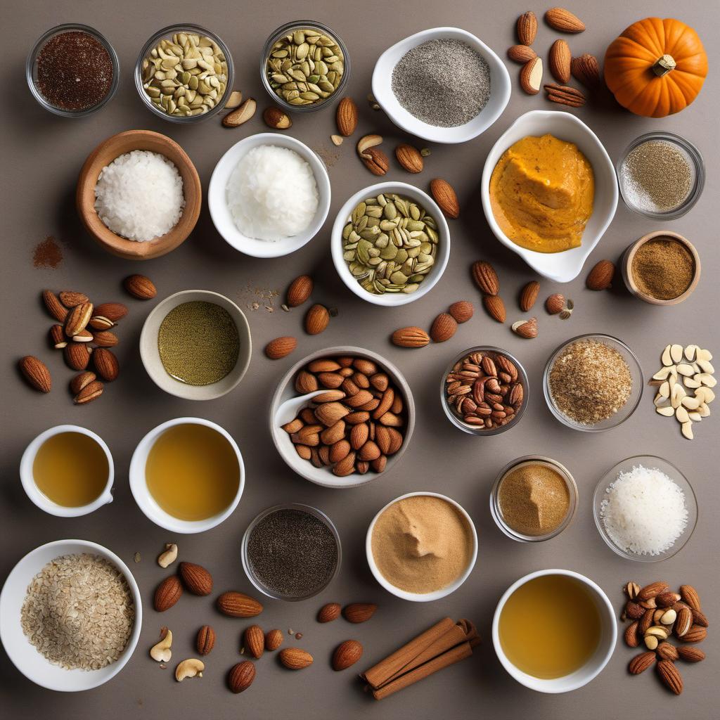 Items needed to answer the question, How do I prepare a Spiced Pumpkin Grain-Free Granola. Items include:  Mixed nuts  Unsweetened coconut flakes  Pumpkin seeds  Chia seeds  Melted coconut oil  Pure maple syrup  Pumpkin pie spice  Vanilla extract  Salt