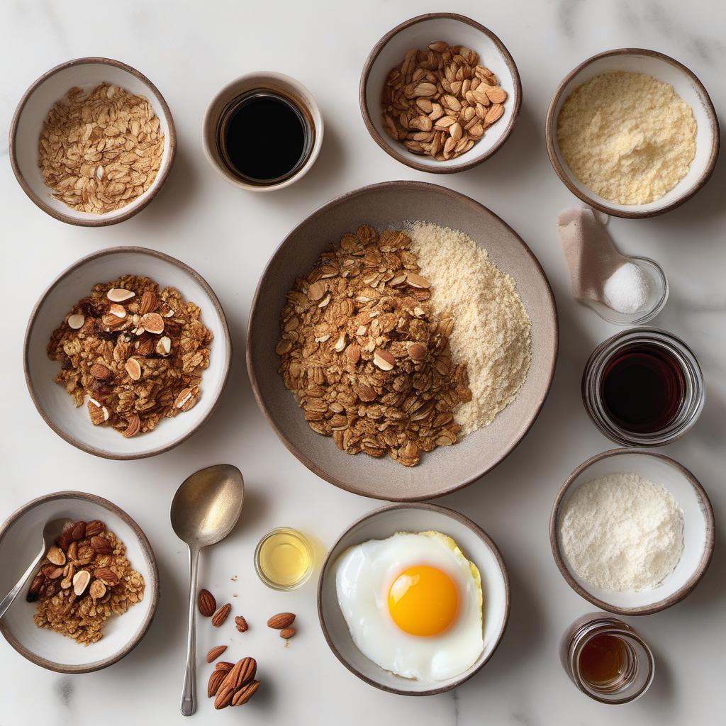 Items needed to answer the question, How do I bake Grain-Free Granola muffins. Items include:  Grain-Free Granola  Eggs  Almond Flour  Maple Syrup  Coconut Oil  Vanilla Extract  Baking Powder  Salt
