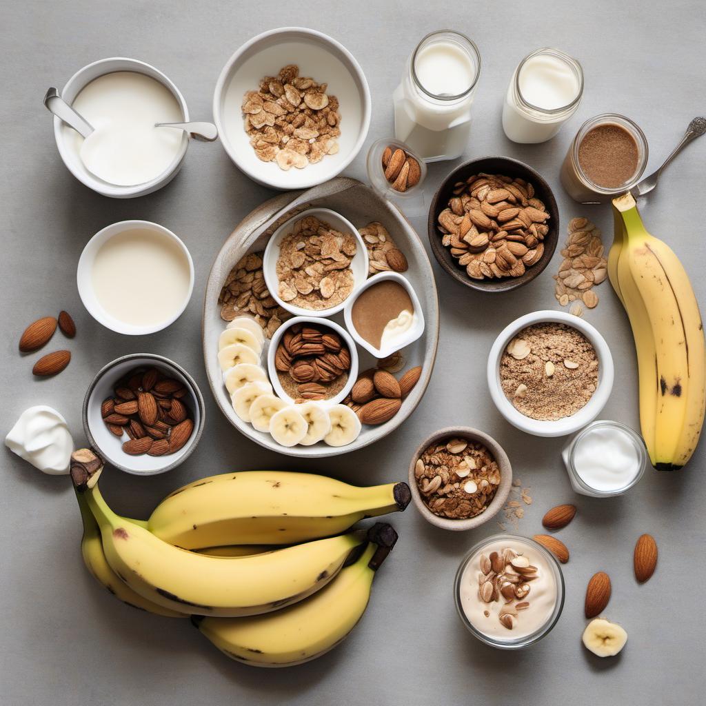 Items needed to answer the question, How do I mix up Grain-Free Granola Smoothie. Items include:  ripe banana  Greek yogurt  almond milk  grain-free granola  almond butter  honey  ice cubes