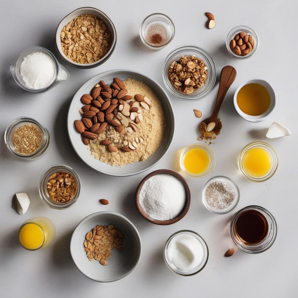 Items needed to answer the question, How do I make Grain-Free Granola Muffins. Items include:  almond flour  grain-free granola  sea salt  baking powder  eggs  maple syrup  coconut oil  vanilla extract