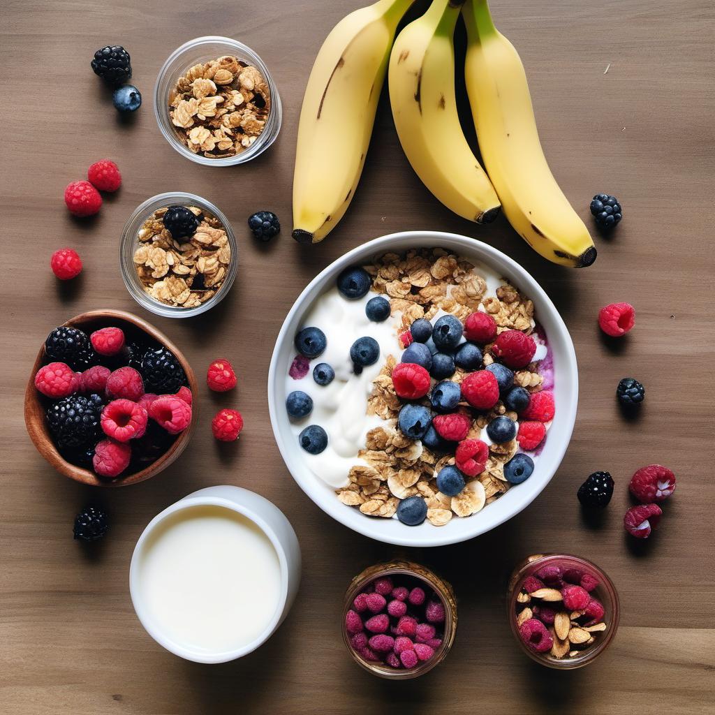 Items needed to answer the question, How do I mix Grain-Free Granola Smoothies. Items include:  Fresh or frozen mixed berries  Ripe banana  Plain yogurt (dairy or non-dairy)  Grain-free granola  Milk (dairy or non-dairy)