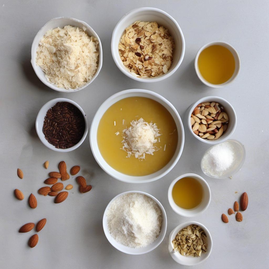 Items needed to answer the question, How do I make a crunchy Grain-Free Granola Bar. Items include:  Unsweetened shredded coconut  Chopped nuts (e.g., almonds or walnuts)  Mixed seeds (e.g., pumpkin or sunflower seeds)  Almond flour  Coconut oil  Honey or maple syrup  Vanilla extract  Salt