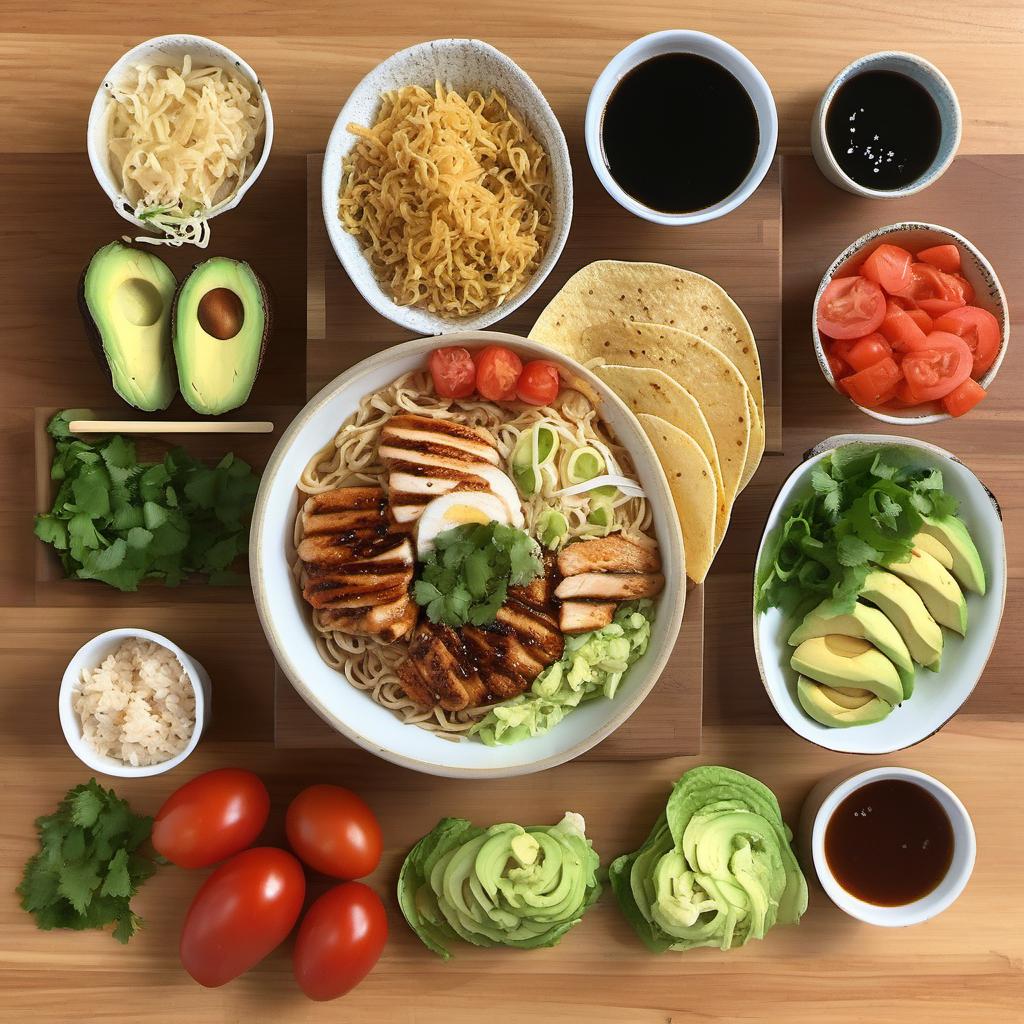 Items needed to answer the question, How do I blend ramen and tacos. Items include:  ramen noodles  soy sauce  sesame oil  tortillas  grilled chicken  avocado  lettuce  tomatoes  cilantro