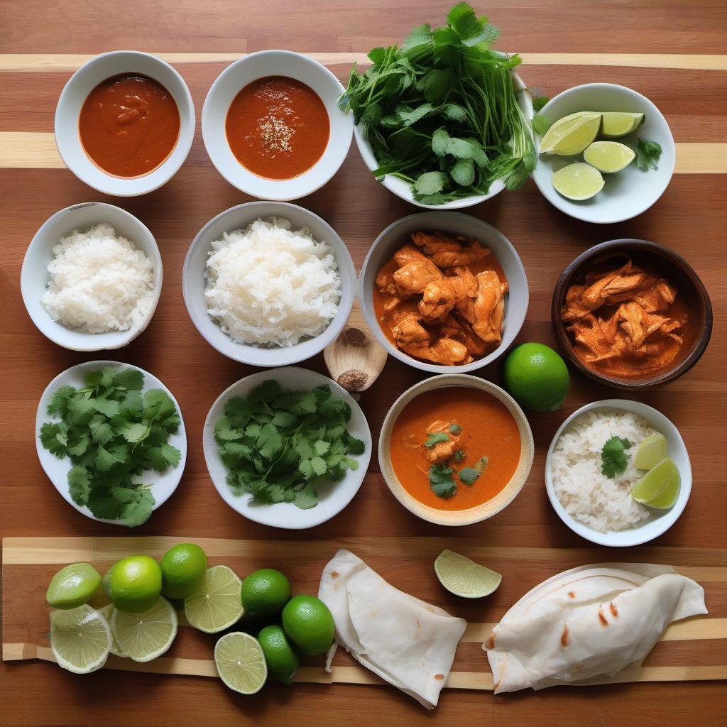 Items needed to answer the question, How do I make Thai curry tacos. Items include:  Thai red curry paste  Coconut milk  Fish sauce  Lime juice  Brown sugar  Protein of choice (e.g., chicken, tofu, shrimp)  Tortillas  Fresh herbs (e.g., cilantro)  Sliced cucumber  Red onion (sliced)