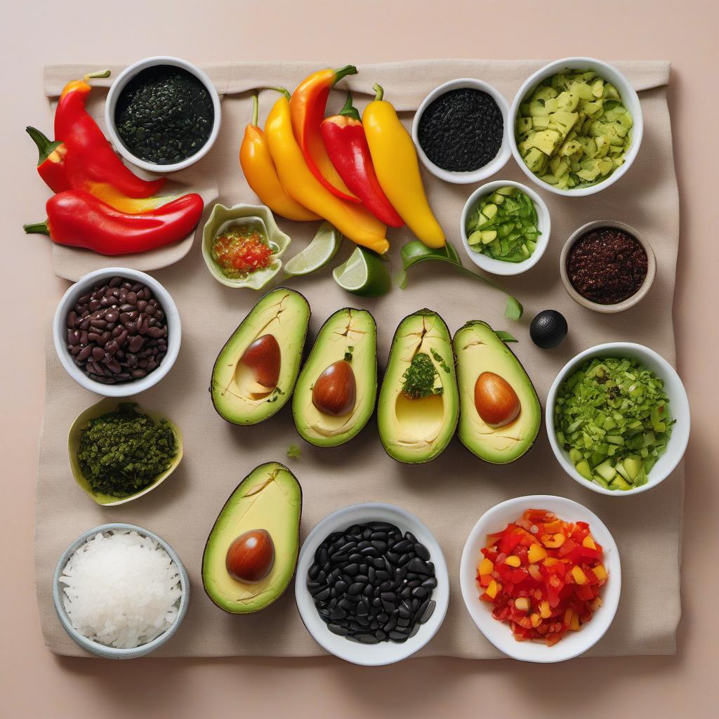 Items needed to answer the question, How do I cook Tex-Mex sushi rolls. Items include:  avocado  bell peppers  black beans  cilantro  salsa  sushi rice  lime juice  salt  nori seaweed