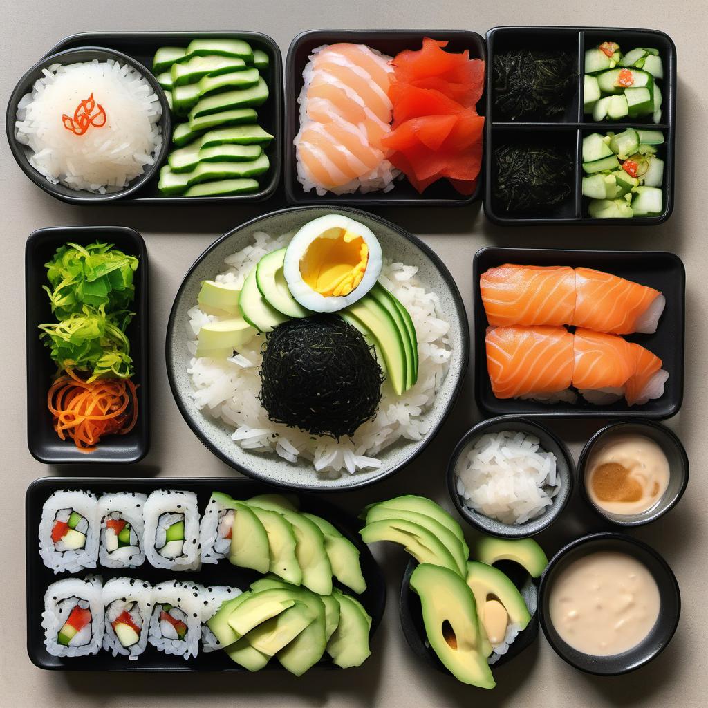 Items needed to answer the question, How do I prepare a Mexican sushi burrito. Items include:  Sushi Rice  Nori seaweed wrappers  Fresh fish or cooked protein  Avocado  Lettuce  Cucumber  Tomatoes  Cilantro  Spicy mayo  Soy sauce