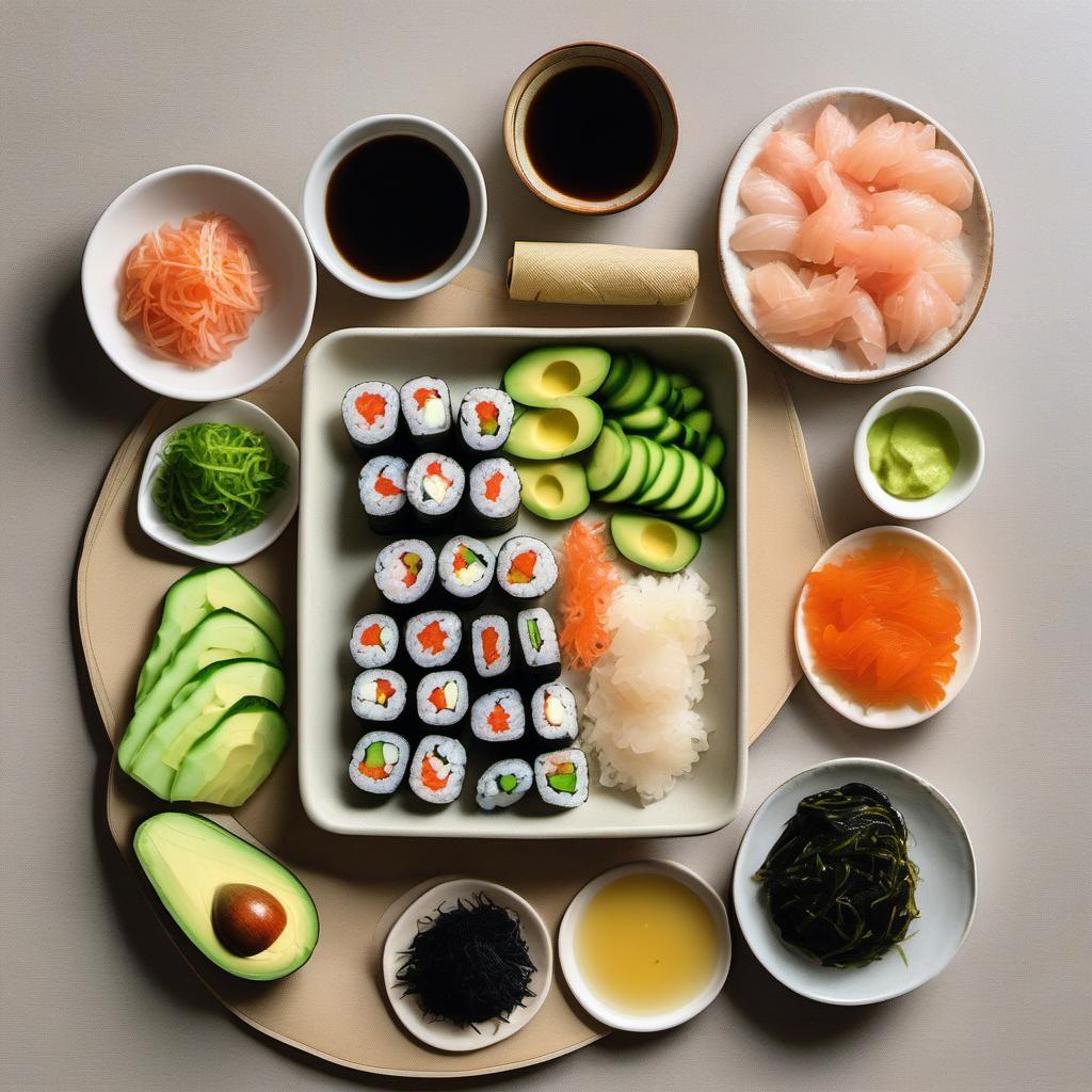 Items needed to answer the question, How do I prepare a sushi quesadilla. Items include:  sushi rice  seaweed sheets  avocado  cucumber  imitation crab meat  cheese  tortillas  soy sauce  wasabi  pickled ginger