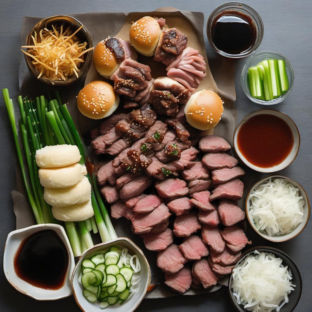 Items needed to answer the question, How do I make Korean BBQ sliders. Items include:  beef/pork  soy sauce  brown sugar  sesame oil  garlic cloves  ginger  slider buns  Korean BBQ sauce  pickled cucumbers  green onions  toothpicks