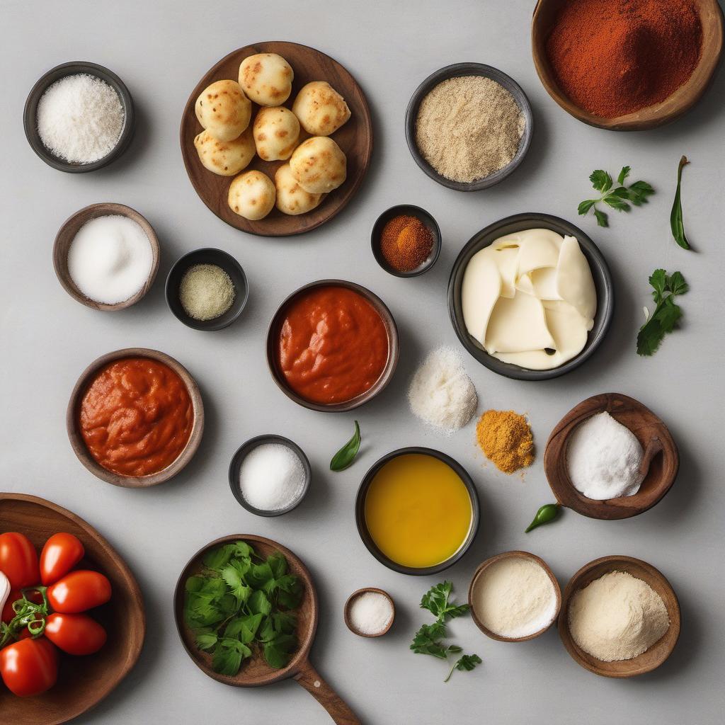 Items needed to answer the question, How do I cook Indian pizza. Items include:  All-Purpose Flour  Yeast  Sugar  Salt  Tandoori Masala  Olive Oil  Onion  Bell Pepper  Tomato  Mozzarella Cheese