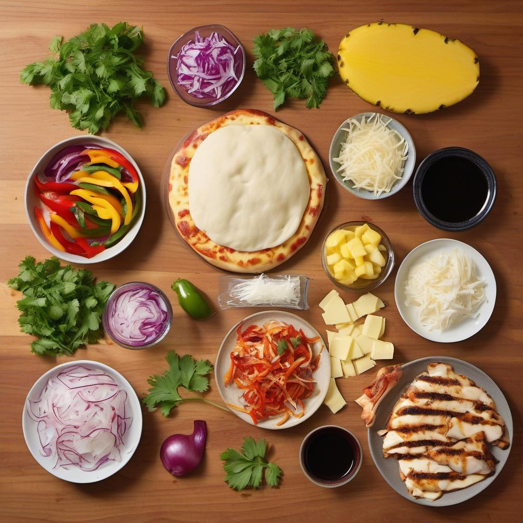 Items needed to answer the question, How do I create teriyaki pizza. Items include:  Pizza dough  Teriyaki sauce  Grilled chicken  Bell peppers  Red onions  Pineapple chunks  Shredded mozzarella cheese  Cilantro leaves