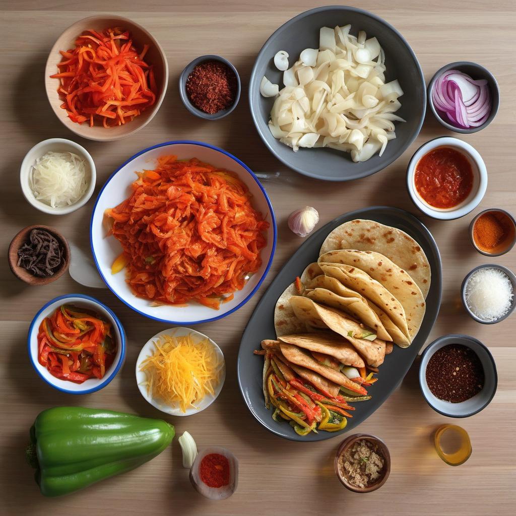 Items needed to answer the question, How do I prepare kimchi tacos. Items include:  kimchi  garlic  onions  bell peppers  protein (chicken, beef, tofu)  salt  pepper  spices  tortillas