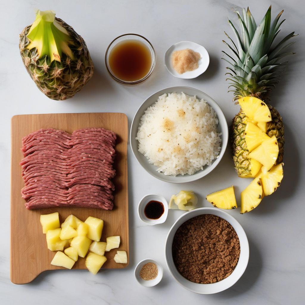Items needed to answer the question, How do I make teriyaki burgers. Items include:  Ground beef  Soy sauce  Brown sugar  Mirin  Rice vinegar  Minced garlic  Grated ginger  Bread crumbs  Onion  Salt and pepper  Pineapple slices  Caramelized onions  Mayonnaise  Burger buns  Lettuce and tomato