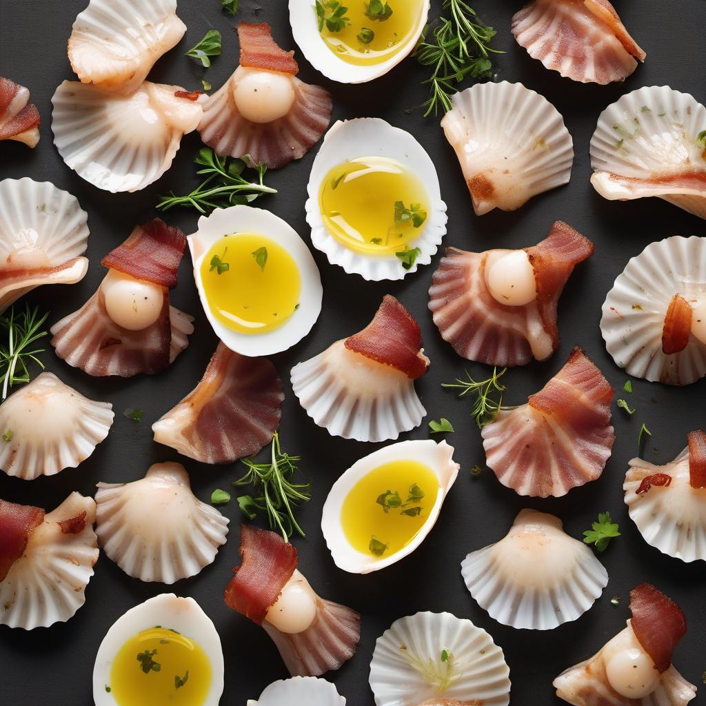 Items needed to answer the question, How do I create succulent scallops with bacon. Items include:  Scallops  Bacon  Salt  Pepper  Olive Oil  Fresh Herbs
