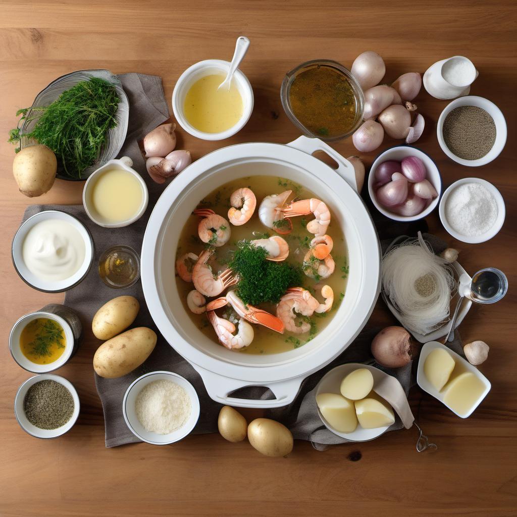 Items needed to answer the question, How do I make a show-stopping seafood chowder. Items include:  mixed seafood  onion  garlic cloves  potatoes  broth  heavy cream  butter  flour  dried thyme  salt  pepper  parsley