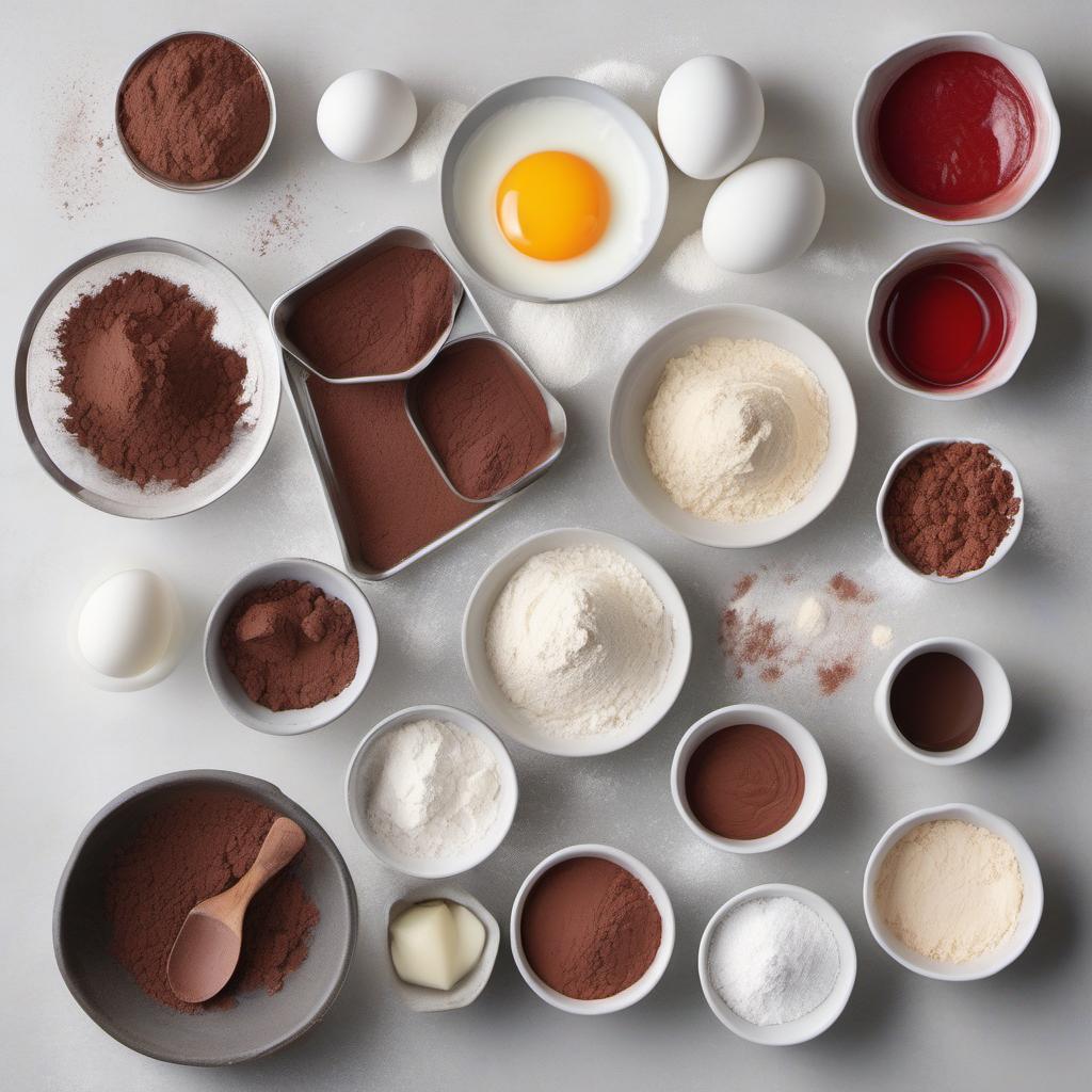 Items needed to answer the question, How do I bake a show-stopping red velvet cake. Items include:  All-Purpose Flour  Unsweetened Cocoa Powder  Baking Soda  Salt  Unsalted Butter  Granulated Sugar  Eggs  Buttermilk  Vanilla Extract  Red Food Coloring  White Distilled Vinegar